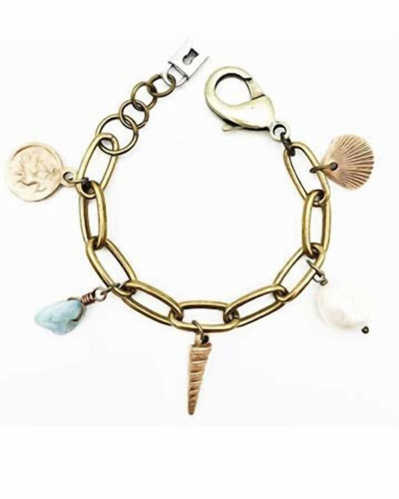 Front of a size O/S Amphitrite Bronze Shell Charm Bracelet in Multi in Multi by Lock & Key Jewelry. | dia_product_style_image_id:328984